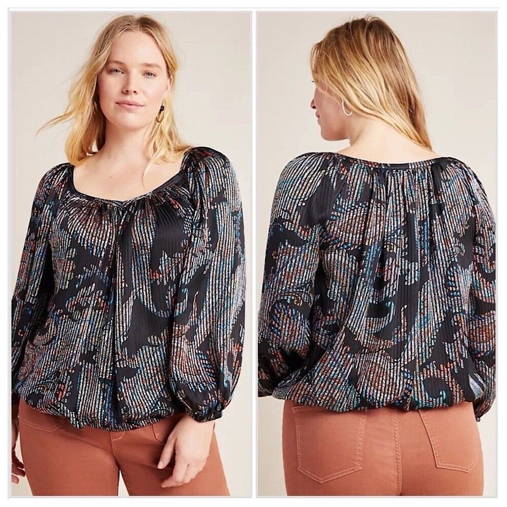 Anthropologie Maeve Madeira Top Sz M Black Burnout Paisley Striped Long Sleeve